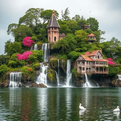 The primary subject of the image is a picturesque island with a large house on top of it. The island is surrounded by water, and there are several waterfalls cascading down the island's sides. The setting is a serene and beautiful environment, with the house and waterfalls creating a unique and captivating scene. The visual style of the image is a combination of photo and digital art, with the house and waterfalls appearing to be realistically rendered while the island itself is a digital creation. The colors and mood